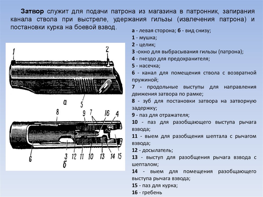 Неподача или непродвижение патрона в патронник. Основные части затвора ПМ.