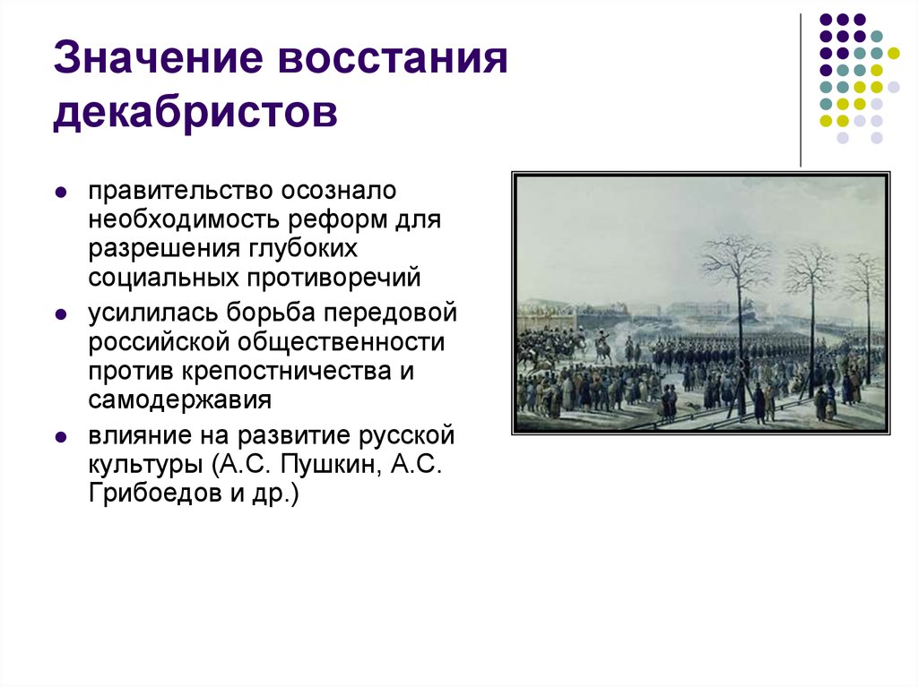 Значение декабристского восстания. Восстание на Сенатской площади значение движения Декабристов. Значение Восстания Декабристов 1825. Итоги Восстания Декабристов на Сенатской площади. Восстание Декабристов на Сенатской площади последствия.