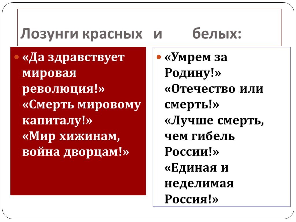 Суть белые и красные. Война белые красные Гражданская в России 1917-1922 красные и белые. Лозунги красных и белых в гражданской войне. Лозунги красных гражданской войны в России 1917-1922. Лозунги красных.