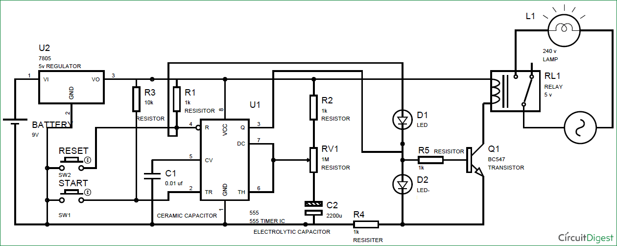 simple time delay circuit diagram using 555