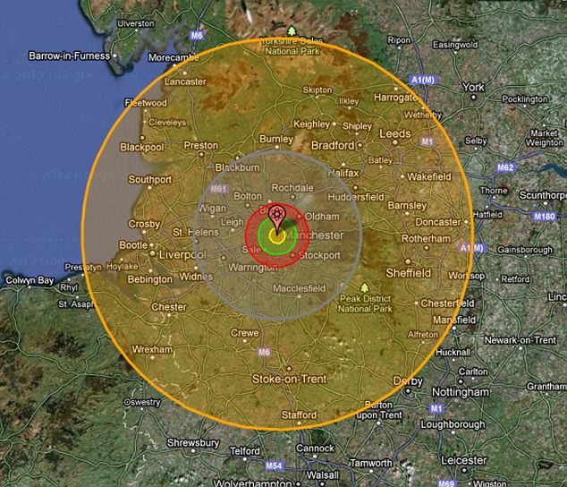This Nukemap image shows how a Tsar Bomba H-bomb would pretty much wipe the entire North West region off the face of the planet