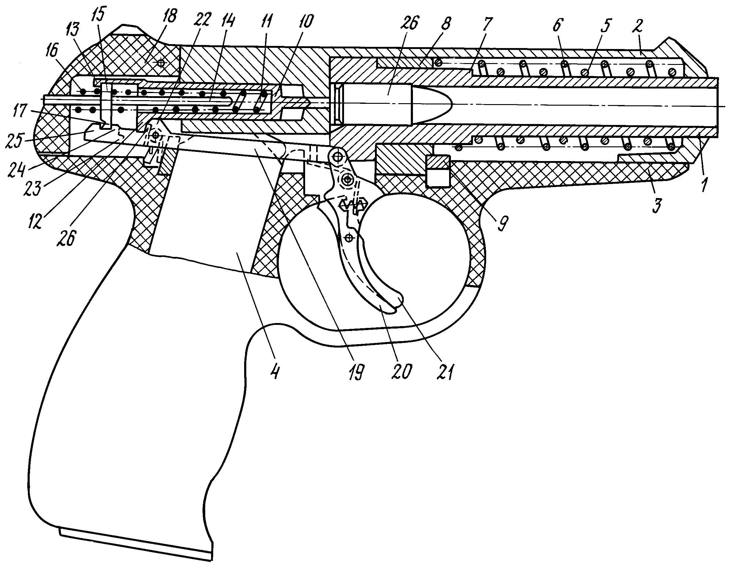 Механизм пистолета. Патент самозарядный пистолет. Самовзводный УСМ. Пистолет Леркера и Куппини чертежи. Ударниковый УСМ пистолета схема.