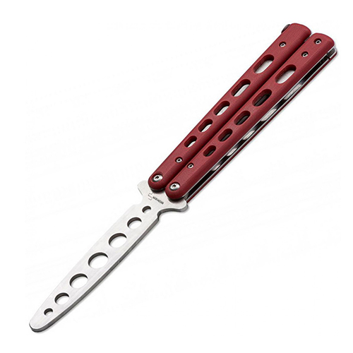 Тренировочный нож-бабочка балисонг Balisong Trainer, Boker Plus 01BO712, клинок из нержавеющей стали Zero-ground Plain без заточки, рукоять стеклотекстолит G10, красный