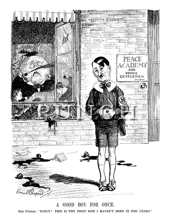 Французская карикатура 1935 г. Огромный Гитлер над крошечной Лигой Наций