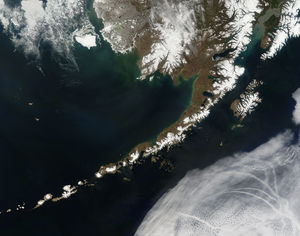 Satellitenbild der Alaska-Halbinsel und der östlichsten Aleuten-Inseln (Fox Islands)