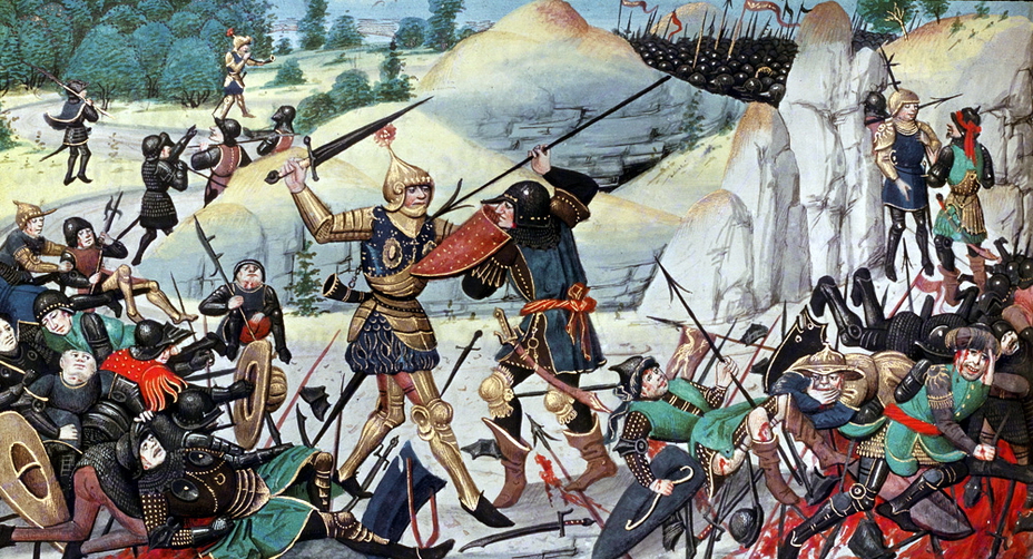 ​Ронсевальская битва (средневековая миниатюра). Противника Роланда изображены сарацинами - Карл Великий и рыцарь Роланд 