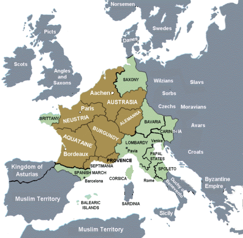 ​Империя Карла Великого на начало его правления (коричневый) и с завоёванными территориями (зелёно-голубой) - Карл Великий и рыцарь Роланд 