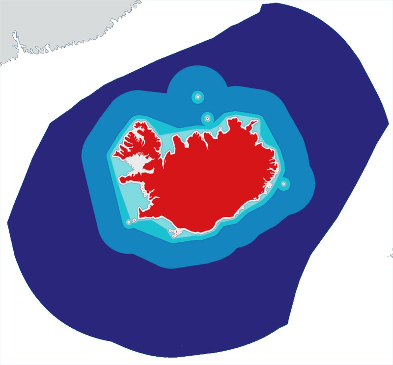 ​Поэтапное расширение экономической морской зоны Исландии. Тёмно-синим обозначена 200-мильная полоса - Шантаж как оружие: тресковые войны 