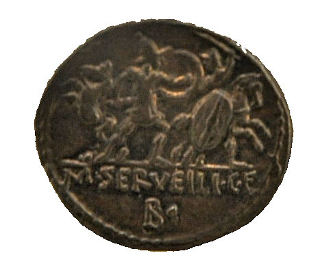 ​Сестерций Марка Сервилия с изображением римского пехотинца, сражающегося против галльского всадника, 100 год до н. э. - Кельты в Галлии 