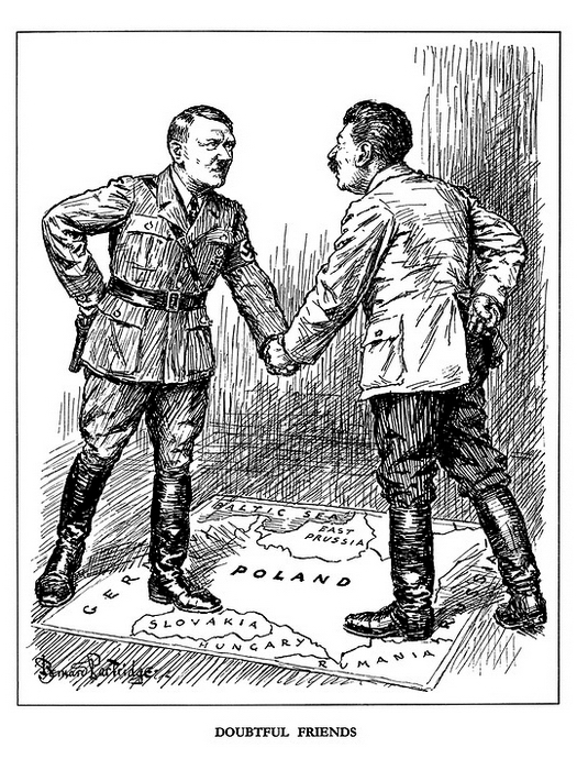 ​«Подозрительные друзья» (27 сентября 1939 года). Сталин и Гитлер пожимают друг другу руки, попирая карту Польши и нащупывая оружие за спиной. Сложно назвать подобные отношения дружбой — скорее, это рискованный бизнес - Весёлые картинки Warspot: английский юмор и Вторая мировая 
