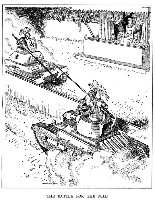 ​«Битва за Нил» (9 сентября 1942 года). Карикатура, нарисованная перед самыми решающими событиями в Северной Африке в несколько странном ключе, изображает противостояние англичан и немцев в виде рыцарского поединка «тройки» и «матильды» - Весёлые картинки Warspot: английский юмор и Вторая мировая 