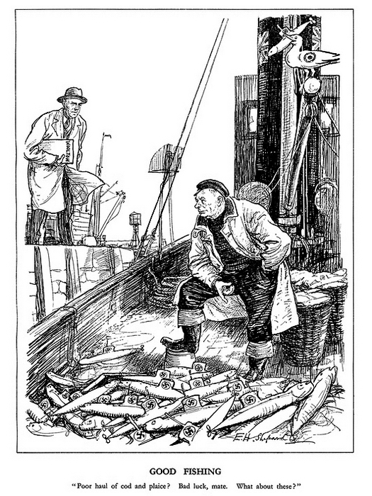 ​«Хорошая рыбалка» (28 октября 1942 года). Британский рыбак разочарован плохим уловом рыбы — вместо трески и камбалы его улов составляют немецкие подлодки. В конце 1942 года лучшие времена для подопечных Карла Дёница, действительно, уже остались позади - Весёлые картинки Warspot: английский юмор и Вторая мировая 