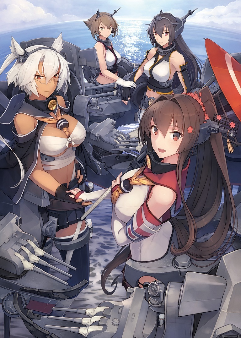 ​Линкоры «Ямато», «Мусаси», «Нагато» и «Муцу» (на заднем плане) в игре Kantai Collection. Официальный арт художника Ёсинори Сидзума danbooru.donmai.us - Линкор «Ямато» в японской фантастике 