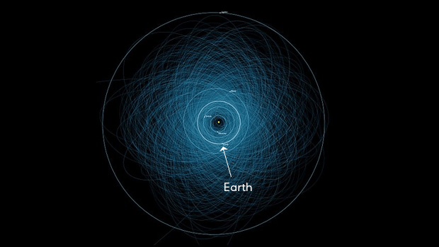 A diagram showing the orbits of potentially hazardous asteroids. There are a lot of them!